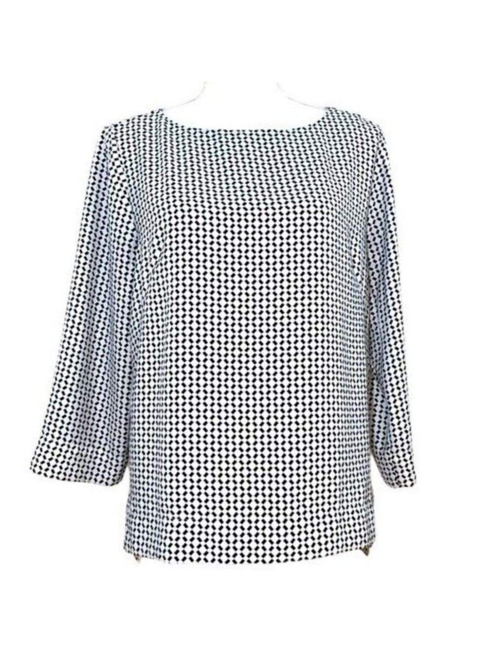 Roz & Ali Womens Black White Geometric Print Boat Neck 3/4 Sleeve Blouse M